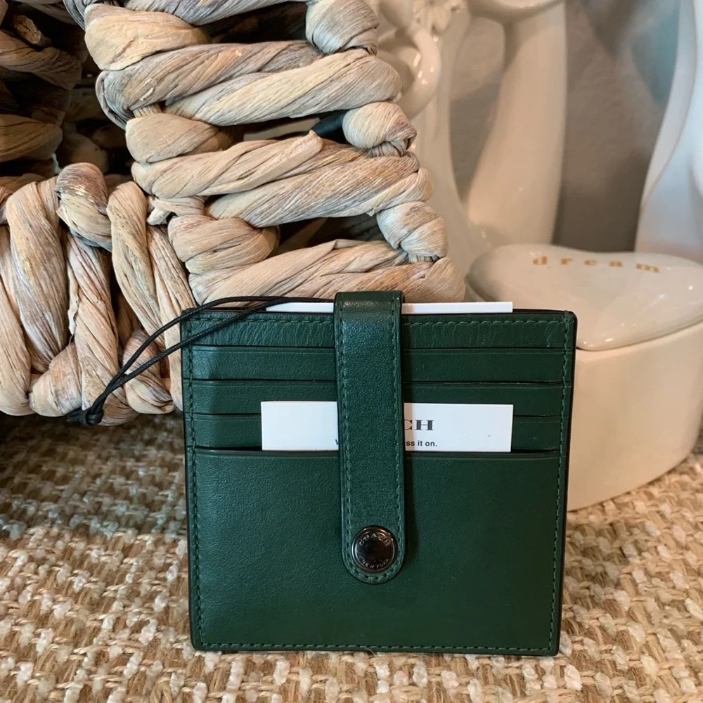 Coach Green Leather Card Holder with Snap Strap - Picture 11 of 12